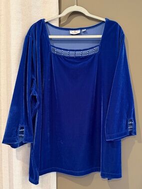 Quacker Factory Royal Blue Rhinestone Embellished Velvet Top, Size 3X